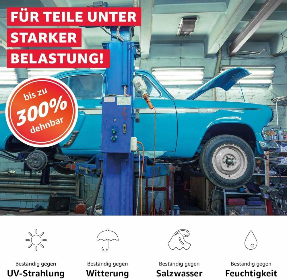 Für Teile unter starker Belastung! Bis zu 300% dehnbar. Beständig gegen UV-Strahlung. Beständig gegen Witterung. Beständig gegen Salzwasser. Beständig gegen Feuchtigkeit.